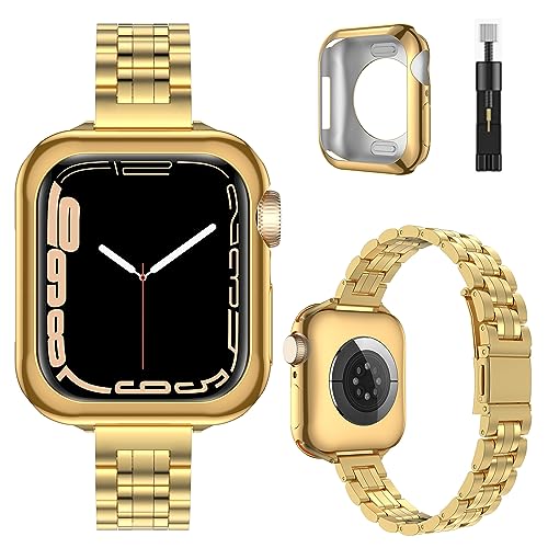 MERUYOO Gold Watch Bands Compatible with Apple Watch Band 38mm 40mm 41mm 42mm 44mm 45mm for Women, with TPU Case - Slim and Thin Stainless Steel Replacement Adjustable Wristband for iWatch Series.