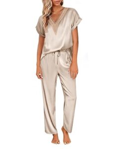 ekouaer womens silk pajamas set short sleeve satin shirt with long pant pjs set v neck sleepwear with floral lace champagne