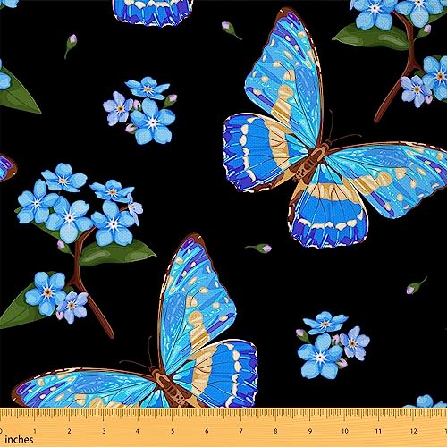 Erosebridal Butterfly Fabric by The Yard, Blue Flowers Upholstery Fabric, Watercolor Butterfly Floral Decorative Fabric, Botanical Branches DIY Indoor Outdoor Fabric for Quilting, 1 Yard, Black