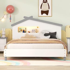 harper & bright designs full bed frames with house-shaped headboard, wooden kids full platform bed frame with motion activated night lights, cute single full bed for girls boys,white+gray