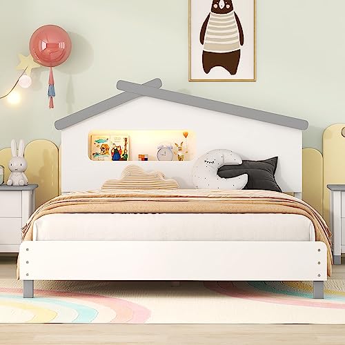 Harper & Bright Designs Full Bed Frames with House-Shaped Headboard, Wooden Kids Full Platform Bed Frame with Motion Activated Night Lights, Cute Single Full Bed for Girls Boys,White+Gray