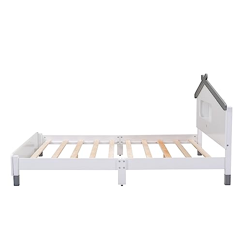 Harper & Bright Designs Full Bed Frames with House-Shaped Headboard, Wooden Kids Full Platform Bed Frame with Motion Activated Night Lights, Cute Single Full Bed for Girls Boys,White+Gray