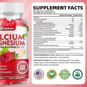 Calcium Magnesium Zinc with Vitamin D3 Gummies, Sugar Free Calcium Supplements for Women Men, High Absorption Zinc Gummies for Bone & Muscle & Immune Health, Vegan Raspberry Flavor - 120 Count