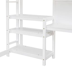 Prohon Full Size Loft Bed with Desk, Shelves and Writing Board, Wood Loft Bed with Full-Length Guardrails, Wooden Slat Support No Box Spring Needed, Loft Bed Frame for Kids Adults Teens, White