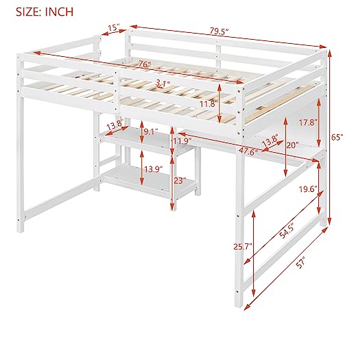 Prohon Full Size Loft Bed with Desk, Shelves and Writing Board, Wood Loft Bed with Full-Length Guardrails, Wooden Slat Support No Box Spring Needed, Loft Bed Frame for Kids Adults Teens, White