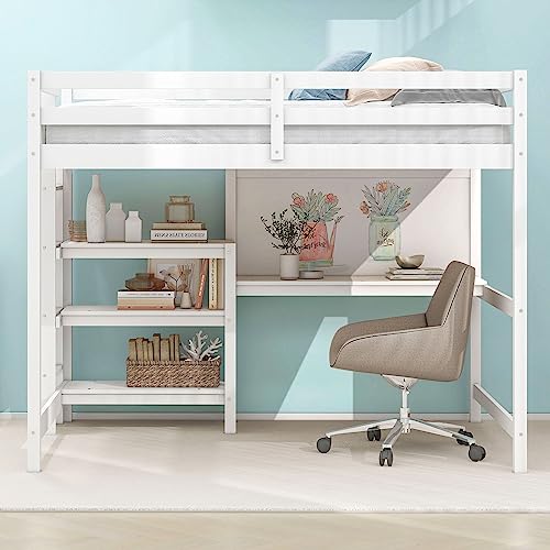 Prohon Full Size Loft Bed with Desk, Shelves and Writing Board, Wood Loft Bed with Full-Length Guardrails, Wooden Slat Support No Box Spring Needed, Loft Bed Frame for Kids Adults Teens, White