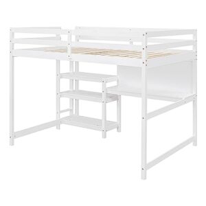 Prohon Full Size Loft Bed with Desk, Shelves and Writing Board, Wood Loft Bed with Full-Length Guardrails, Wooden Slat Support No Box Spring Needed, Loft Bed Frame for Kids Adults Teens, White