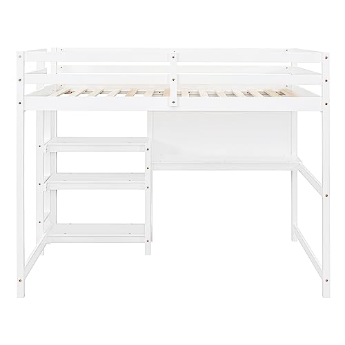 Prohon Full Size Loft Bed with Desk, Shelves and Writing Board, Wood Loft Bed with Full-Length Guardrails, Wooden Slat Support No Box Spring Needed, Loft Bed Frame for Kids Adults Teens, White