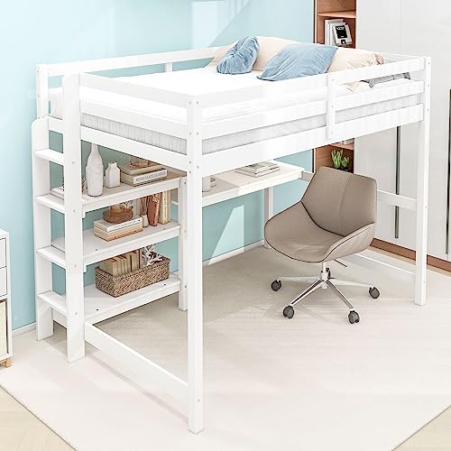 Prohon Full Size Loft Bed with Desk, Shelves and Writing Board, Wood Loft Bed with Full-Length Guardrails, Wooden Slat Support No Box Spring Needed, Loft Bed Frame for Kids Adults Teens, White