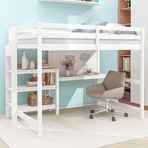 Prohon Full Size Loft Bed with Desk, Shelves and Writing Board, Wood Loft Bed with Full-Length Guardrails, Wooden Slat Support No Box Spring Needed, Loft Bed Frame for Kids Adults Teens, White