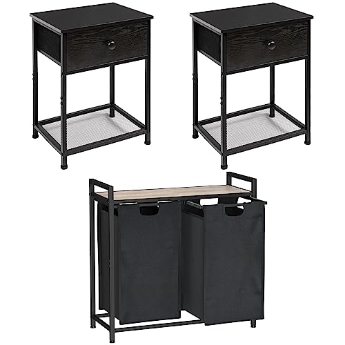 AMHANCIBLE Black Nightstands Set of 2, Small End Tables Living Room with Drawer, Laundry Hamper, Laundry Basket 2 Section