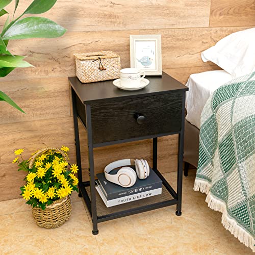 AMHANCIBLE Black Nightstands Set of 2, Small End Tables Living Room with Drawer, Laundry Hamper, Laundry Basket 2 Section