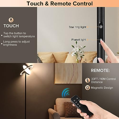 FIMEI Floor Lamp, Sky Modern Bright Standing Lamp with Rotatable Outer Ring Light, 3 Color Temperature and Stepless Dimming, Remote/Touch Independent Control for Living Room Bed Room Office, Black