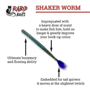 Rabid Baits Shaker Worm, Straight Tail Worm for Freshwater Fishing, for Shaky Head Jig or Texas Rig, 6 Baits (3-Pack)