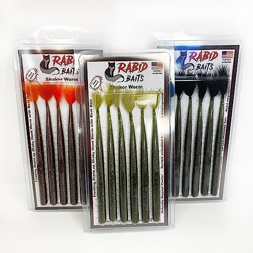 Rabid Baits Shaker Worm, Straight Tail Worm for Freshwater Fishing, for Shaky Head Jig or Texas Rig, 6 Baits (3-Pack)