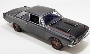 1970 dart street fighter bullseye dark gray metallic with black hood and tail stripe limited edition to 264 pieces worldwide 1/18 diecast model car by acme a1806408