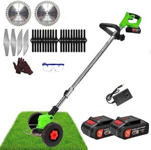 weed wacker cordless electric battery powered weed eater, 21v lightweight grass trimmer edger lawn tool with 2pcs 2000mah battery, push wheeled weed brush cutter no string trimmer for yard and garden
