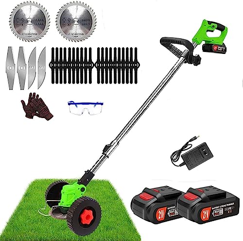 Weed Wacker Cordless Electric Battery Powered Weed Eater, 21V Lightweight Grass Trimmer Edger Lawn Tool with 2Pcs 2000mAh Battery, Push Wheeled Weed Brush Cutter No String Trimmer for Yard and Garden