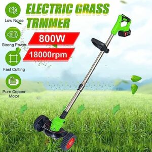 Weed Wacker Cordless Electric Battery Powered Weed Eater, 21V Lightweight Grass Trimmer Edger Lawn Tool with 2Pcs 2000mAh Battery, Push Wheeled Weed Brush Cutter No String Trimmer for Yard and Garden