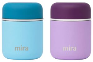 mira 2 pack insulated food jar thermos for hot food & soup, compact stainless steel vacuum lunch container - 9 oz, sky, lilac