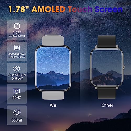 EURANS Smart Watch 44mm, AMOLED Always-on Display Fitness Watch with Heart Rate/Sleep Monitor Steps Calories Counter, IP68 Waterproof Activity Tracker Compatible with Android iOS