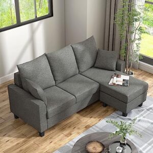 HOMES: Inside + Out Bevis Modern Convertible Sectional for Living Room and Bedroom, L-Shaped Couch with Linen Fabric for Apartment, 3 Seat Sofa with Chaise for Small Spaces and Office, Gray