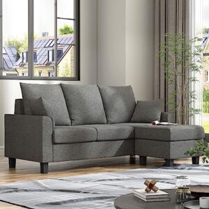 HOMES: Inside + Out Bevis Modern Convertible Sectional for Living Room and Bedroom, L-Shaped Couch with Linen Fabric for Apartment, 3 Seat Sofa with Chaise for Small Spaces and Office, Gray