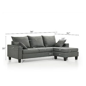 HOMES: Inside + Out Bevis Modern Convertible Sectional for Living Room and Bedroom, L-Shaped Couch with Linen Fabric for Apartment, 3 Seat Sofa with Chaise for Small Spaces and Office, Gray