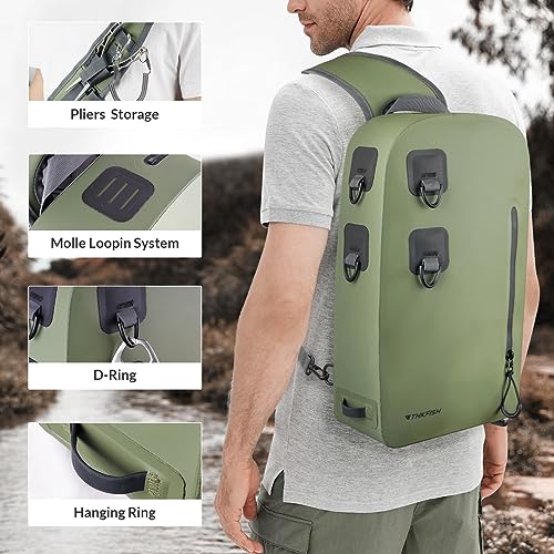 THKFISH Waterproof Backpack for Fishing, Trout Fishing Waterproof Backpack, Fly Fishing Sling Pack Airtight Zipper Closure IPX8 Waterproof Fishing Tackle Storage Bag with Adjustable Strap for Fly Fish