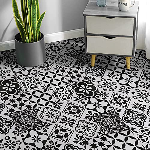 Peel and Stick Floor Tile Black and White Vinyl Flooring 7.87in X 7.87in Peel and Stick Tiles for Kitchen Bathroom, 30 Different Pattern