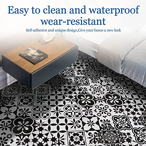 Peel and Stick Floor Tile Black and White Vinyl Flooring 7.87in X 7.87in Peel and Stick Tiles for Kitchen Bathroom, 30 Different Pattern