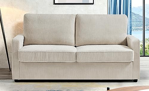 Container Furniture Direct Reversible Sleeper Sofa with Memory Foam Mattress, Comfortable and Durable Queen Size Bed Couch for Living Rooms, Upholstered with Corduroy Fabric, 70" Wide, Ivory