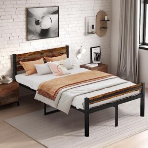awqm 14 inch full bed frame, metal platform full size bed frame with wood headboard and footboard, no noise, no box spring needed, bed central with extra metal support, more sturdy, rustic brown+black