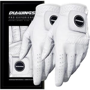 diawings cabretta leather golf gloves for men 2 pack – professional mens golf glove with superior durability, breathability, streamlined fit, enhanced tactile feedback (white, medium, left)