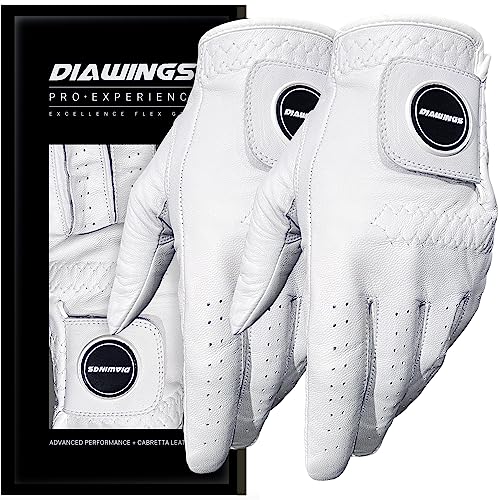 Diawings Cabretta Leather Golf Gloves for Men 2 Pack – Professional Mens Golf Glove with Superior Durability, Breathability, Streamlined Fit, Enhanced Tactile Feedback (White, Medium, Left)