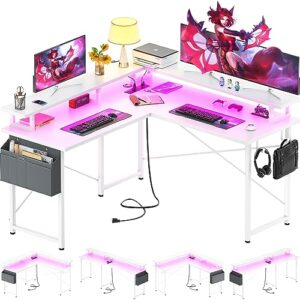 armocity l shaped computer desk with power outlets, gaming desk l shaped with led lights, corner desk with storage shelves, work study desk for bedroom, home office small spaces, 47'', white