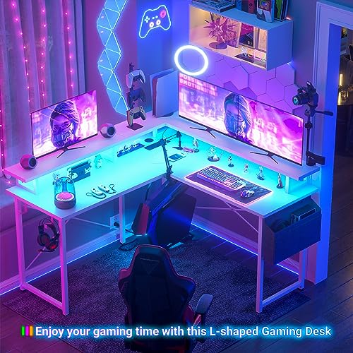 armocity L Shaped Computer Desk with Power Outlets, Gaming Desk L Shaped with LED Lights, Corner Desk with Storage Shelves, Work Study Desk for Bedroom, Home Office Small Spaces, 47'', White