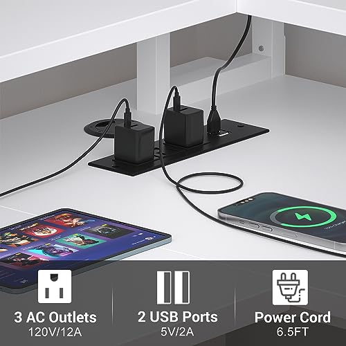 armocity L Shaped Computer Desk with Power Outlets, Gaming Desk L Shaped with LED Lights, Corner Desk with Storage Shelves, Work Study Desk for Bedroom, Home Office Small Spaces, 47'', White