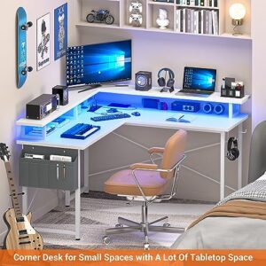 armocity L Shaped Computer Desk with Power Outlets, Gaming Desk L Shaped with LED Lights, Corner Desk with Storage Shelves, Work Study Desk for Bedroom, Home Office Small Spaces, 47'', White