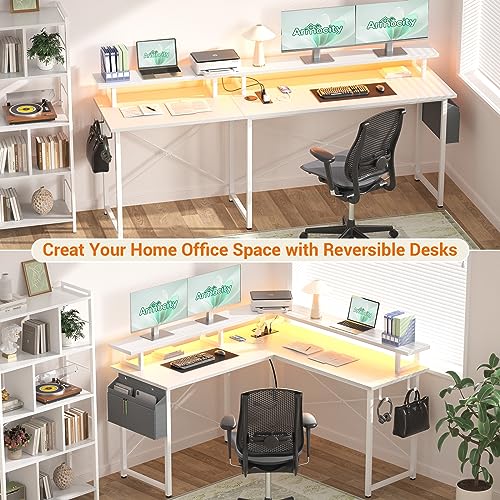 armocity L Shaped Computer Desk with Power Outlets, Gaming Desk L Shaped with LED Lights, Corner Desk with Storage Shelves, Work Study Desk for Bedroom, Home Office Small Spaces, 47'', White