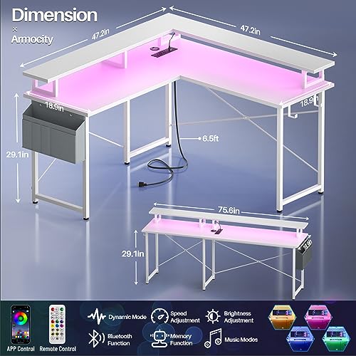 armocity L Shaped Computer Desk with Power Outlets, Gaming Desk L Shaped with LED Lights, Corner Desk with Storage Shelves, Work Study Desk for Bedroom, Home Office Small Spaces, 47'', White