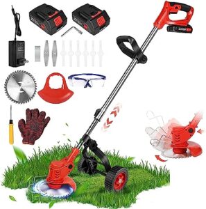 weed wacker battery operated edger trimmer 21v 2000mah, electric weed eater cordless brush cutter, 3-in-1 lawn edger grass trimmer adjustable mini lawn mower, 8 blades, 1 wheel, 2 batteries,1 charger