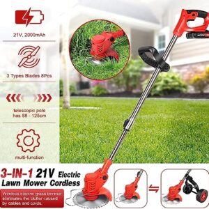 Weed Wacker Battery Operated Edger Trimmer 21V 2000mAh, Electric Weed Eater Cordless Brush Cutter, 3-in-1 Lawn Edger Grass Trimmer Adjustable Mini Lawn Mower, 8 Blades, 1 Wheel, 2 Batteries,1 Charger