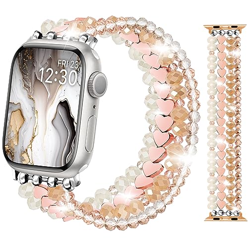 JR.DM Rose Gold Bracelet Beaded Watch Bands for Women Compatible with Apple Watch 38mm 40mm 41mm Handmade Elastic Stretch Watch Band, Fashion Dressy Cute Watch Strap for iWatch Series 8 7 6 5 4 3 2 1 SE