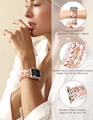 JR.DM Rose Gold Bracelet Beaded Watch Bands for Women Compatible with Apple Watch 38mm 40mm 41mm Handmade Elastic Stretch Watch Band, Fashion Dressy Cute Watch Strap for iWatch Series 8 7 6 5 4 3 2 1 SE