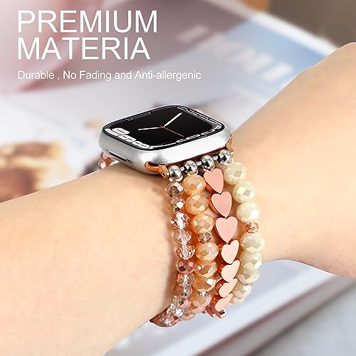 JR.DM Rose Gold Bracelet Beaded Watch Bands for Women Compatible with Apple Watch 38mm 40mm 41mm Handmade Elastic Stretch Watch Band, Fashion Dressy Cute Watch Strap for iWatch Series 8 7 6 5 4 3 2 1 SE