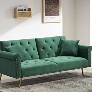 ERYE Futon Sofa Loveseat Convertible Sleeper Couch Bed for Small Space Apartment Office Living Room Furniture Sets Sofabed, Green Velvet 69.7"