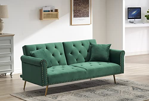 ERYE Futon Sofa Loveseat Convertible Sleeper Couch Bed for Small Space Apartment Office Living Room Furniture Sets Sofabed, Green Velvet 69.7"