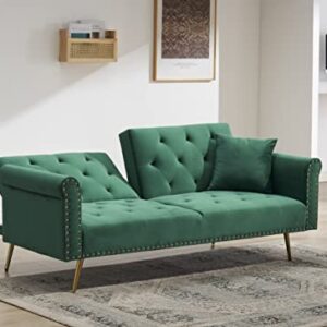 ERYE Futon Sofa Loveseat Convertible Sleeper Couch Bed for Small Space Apartment Office Living Room Furniture Sets Sofabed, Green Velvet 69.7"