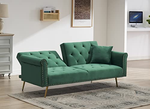 ERYE Futon Sofa Loveseat Convertible Sleeper Couch Bed for Small Space Apartment Office Living Room Furniture Sets Sofabed, Green Velvet 69.7"